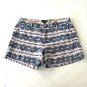 British Khaki 100% Linen Shorts Multi Striped Blue Vacation Pockets Women’s Sz 4